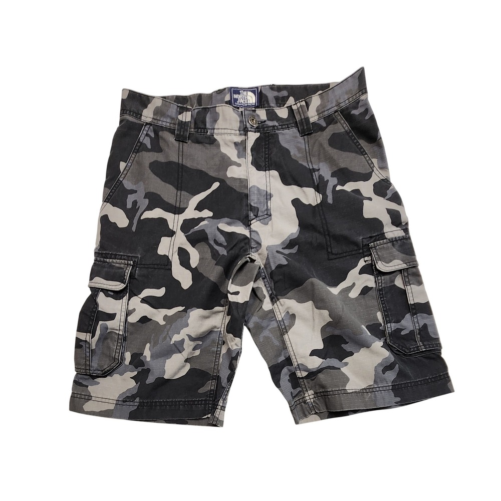 The North Face Camo Cargo Shorts Mens 34 Regular Gray Black Ripstop